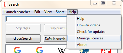 Search window - Manage licences